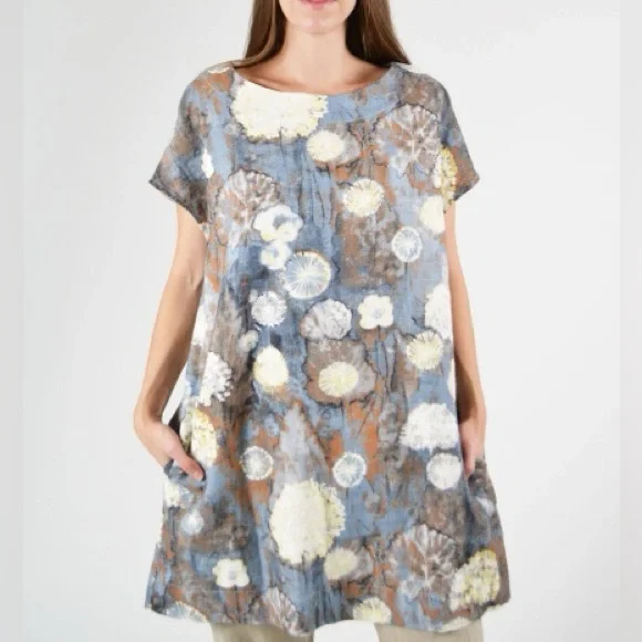 Brynn Walker Ansel Tunic Dress Burdock Blue Floral Linen Blend size S Lagenlook - Picture 15 of 16